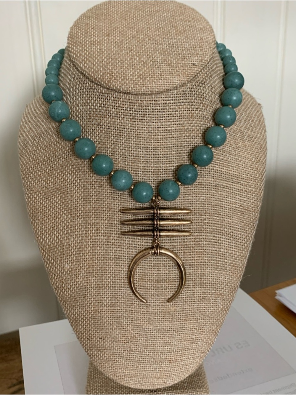 Blue Green Beaded Crescent Necklace Adjustable 15-17”